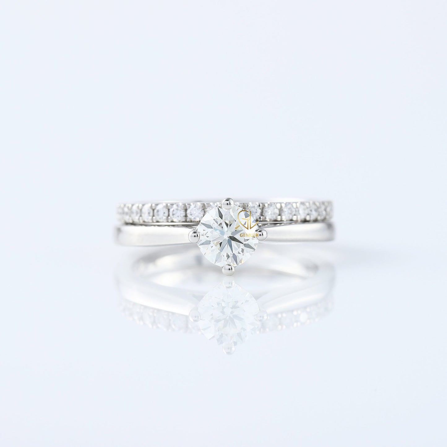 Round Cut Moissanite Diamond Solitaire Ring With Matching Eternity Wedding Ring Set