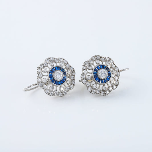 Vintage Art Deco Floral Halo Blue Sapphire Antique Earrings