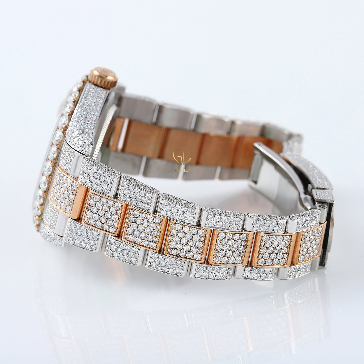 Iced Out VVS Moissanite Diamond White & Rose Gold Plated Auto Date Watch