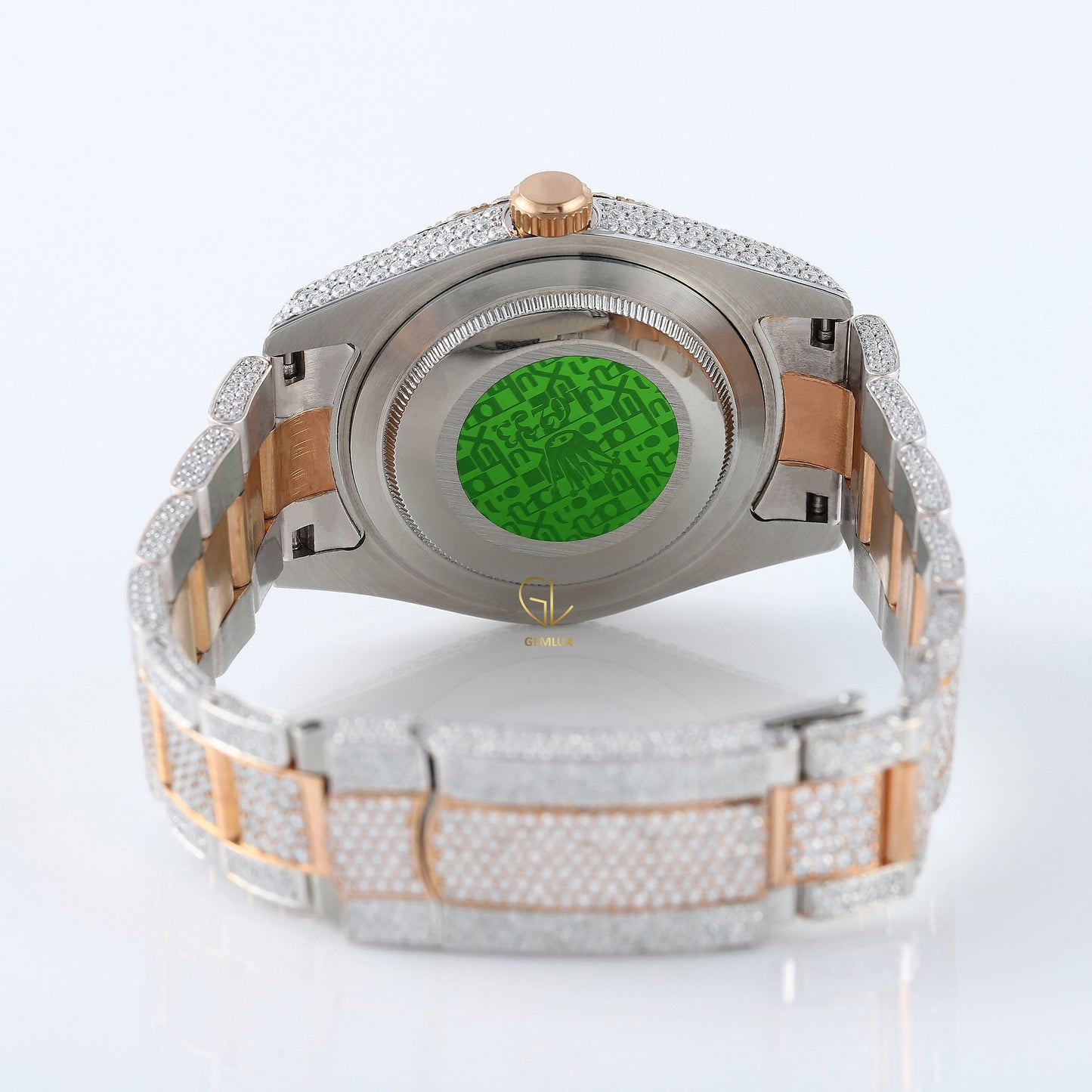 Iced Out VVS Moissanite Diamond White & Rose Gold Plated Auto Date Watch