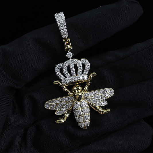 Crown Bee Bling Bling Moissanite Diamond Gold Plated Charm Pendant