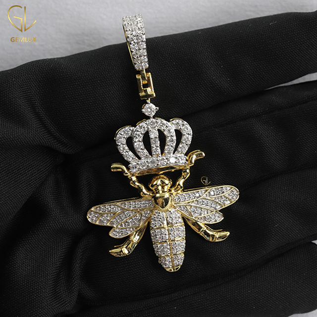 Crown Bee Bling Bling Moissanite Diamond Gold Plated Charm Pendant