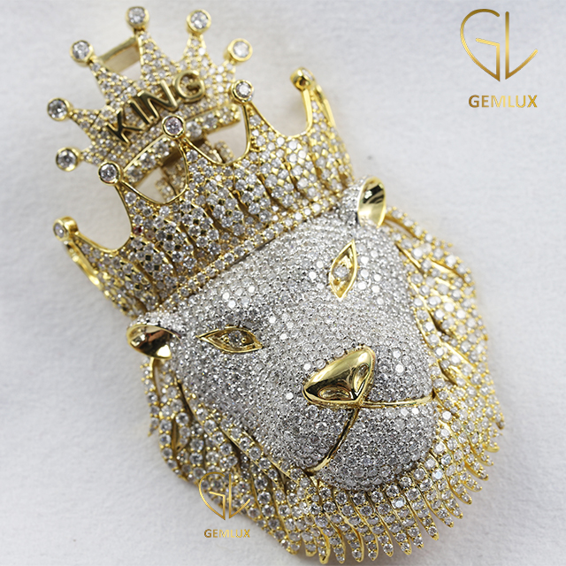 Royal King Crown Lion Animal Face Bling Bling Moissanite HipHop Pendant