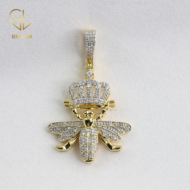 Crown Bee Bling Bling Moissanite Diamond Gold Plated Charm Pendant