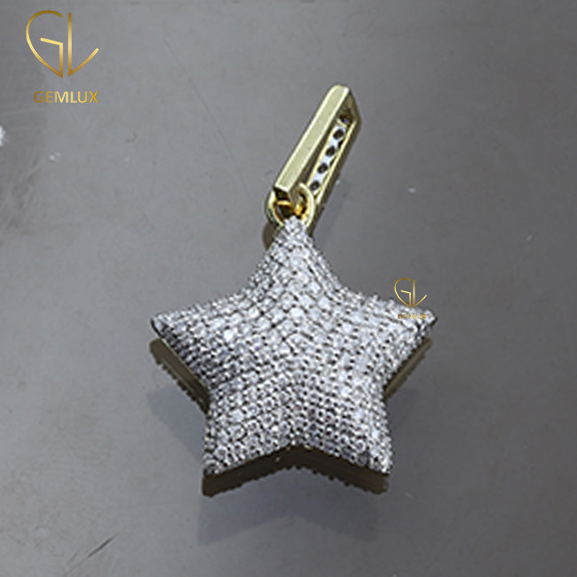 Stylish Iced Out Micro Pave Set Puffed Star Moissanite Pendant