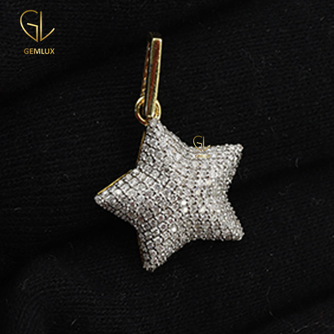 Stylish Iced Out Micro Pave Set Puffed Star Moissanite Pendant