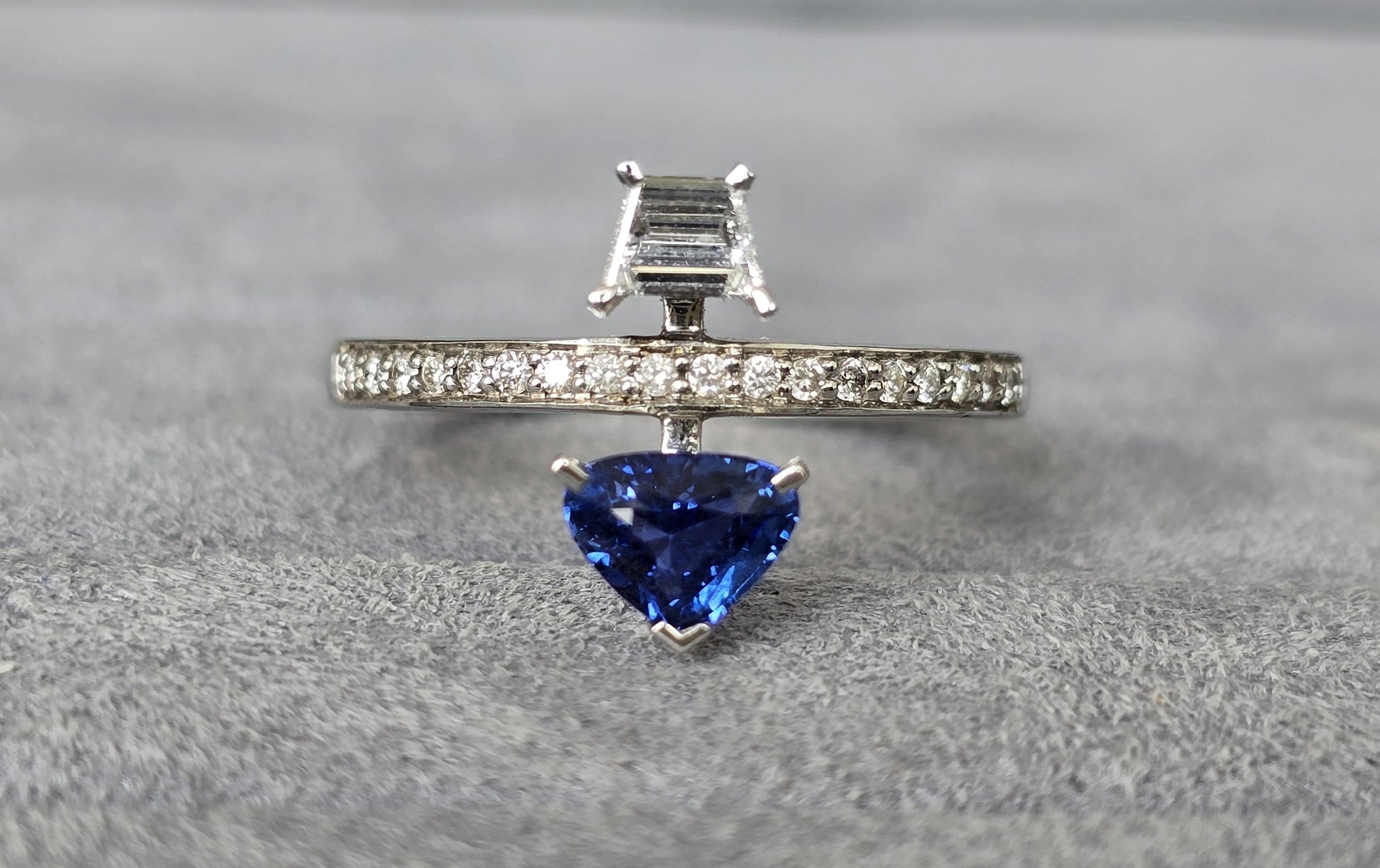 Blue Sapphire Trillion & Baguette Cut Certified Natural Diamond Two Stone Engagement Ring