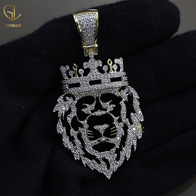 Royal King Crown Lion Animal Face Bling Bling Moissanite Diamond HipHop Pendant