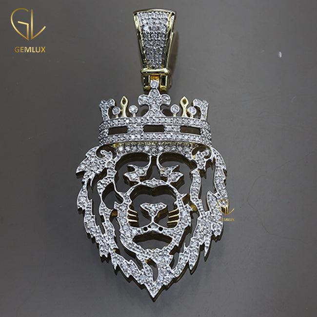 Royal King Crown Lion Animal Face Bling Bling Moissanite Diamond HipHop Pendant