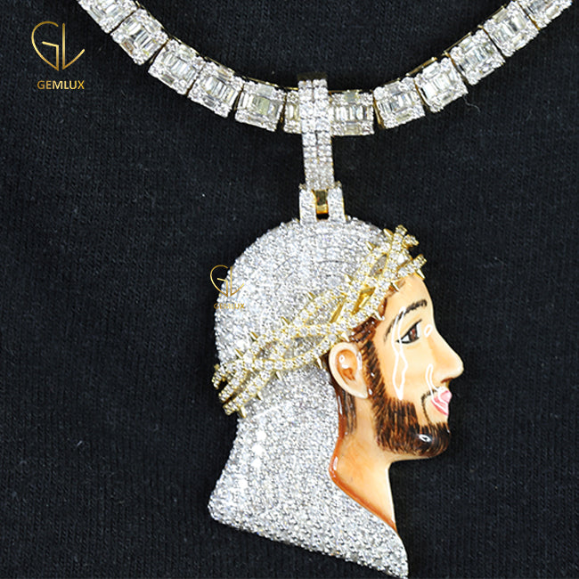 Iced Out Big Cross Crown Jesus Enamel Pendant with Men's Tennis Link Chain