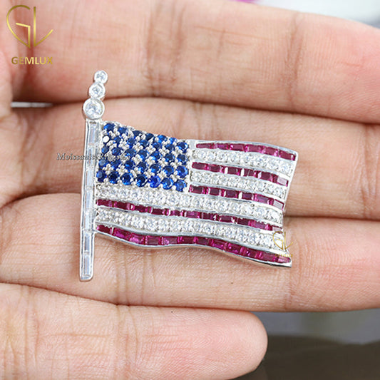 Bling Bling 925 Silver USA Flag Multi Stone Brooch