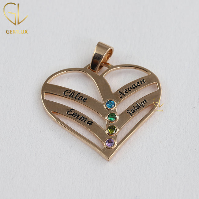 Personalised Mother's Birthstone & Engraved Name Heart Pendant