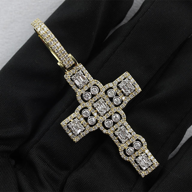 Baguette & Round Cut Diamond Gold Finish Charm Cross Pendant