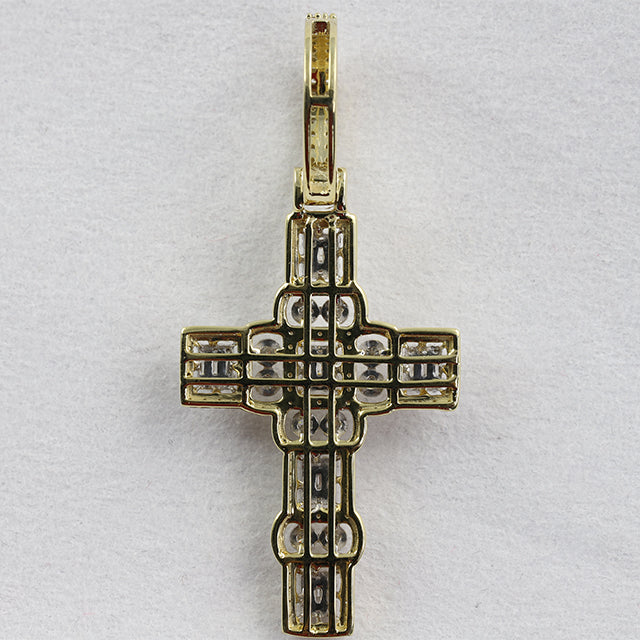 Baguette & Round Cut Diamond Gold Finish Charm Cross Pendant