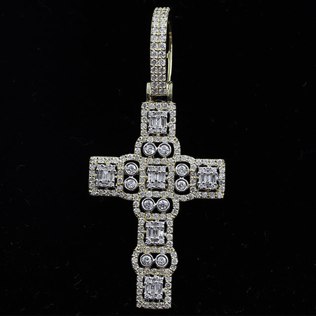 Baguette & Round Cut Diamond Gold Finish Charm Cross Pendant