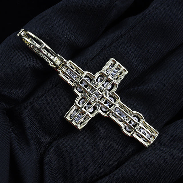 Baguette & Round Cut Diamond Gold Finish Charm Cross Pendant