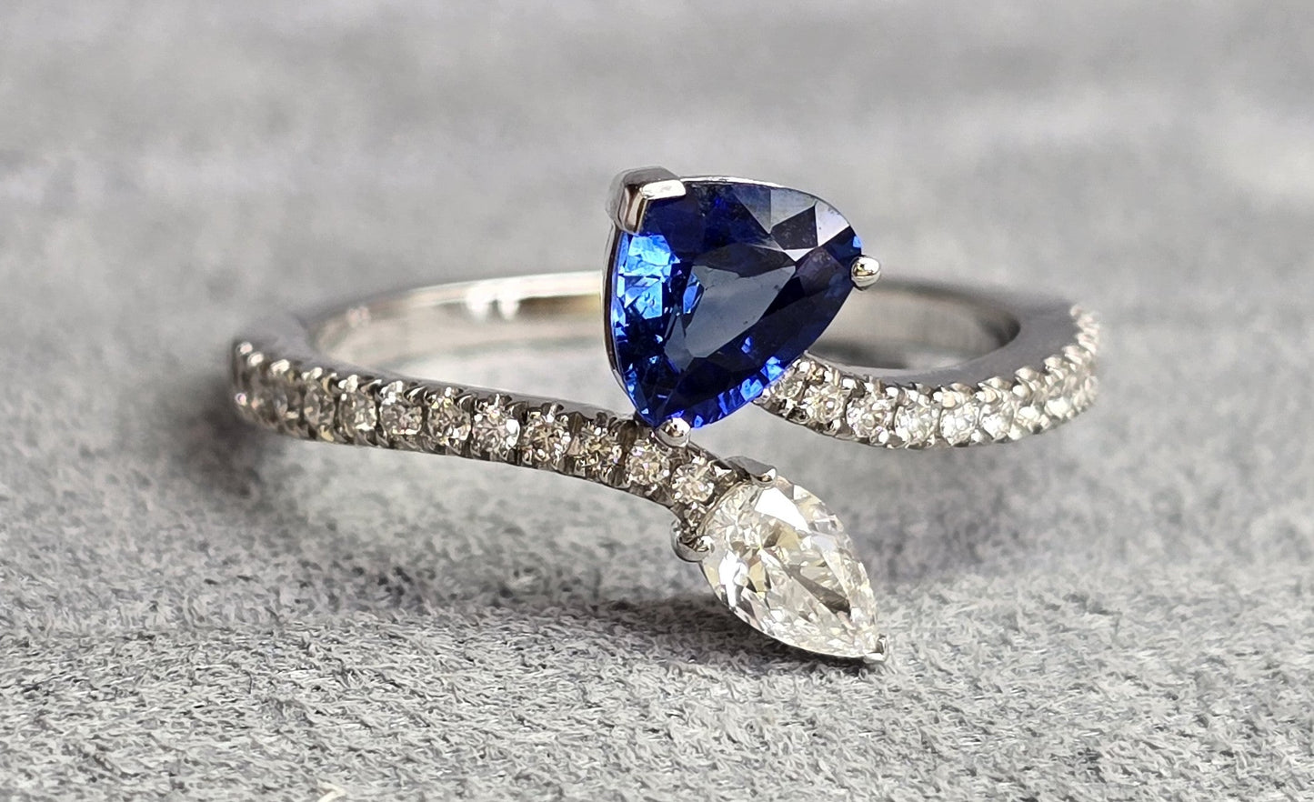 Blue Sapphire Trillion Cut & Pear Cut Certified Natural Diamond Bypass Engagement Ring