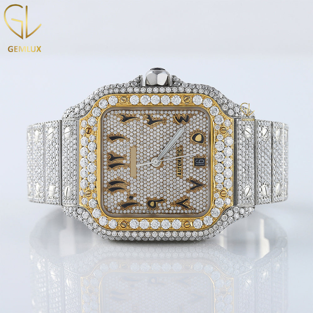 Iced Out VVS Moissanite Two Tone Arabic Dial Automatic Movement Wrist Watch