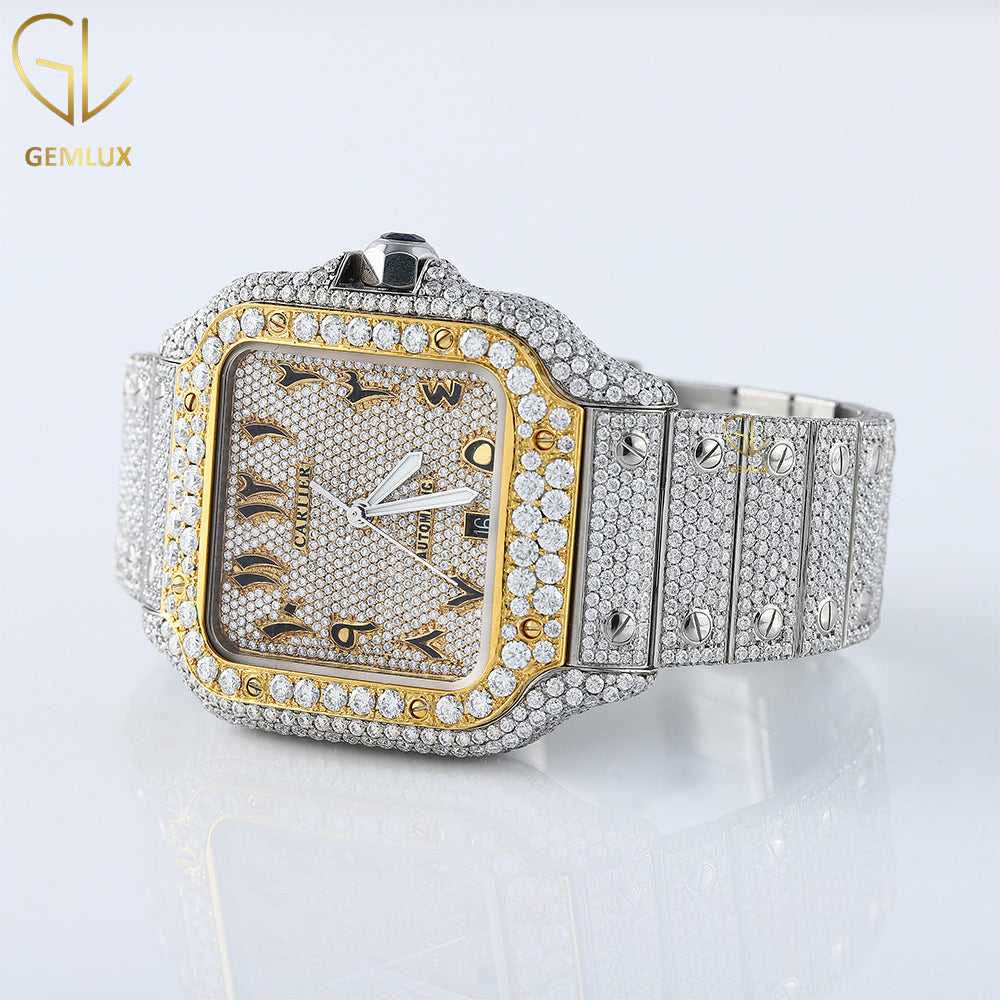 Iced Out VVS Moissanite Two Tone Arabic Dial Automatic Movement Wrist Watch