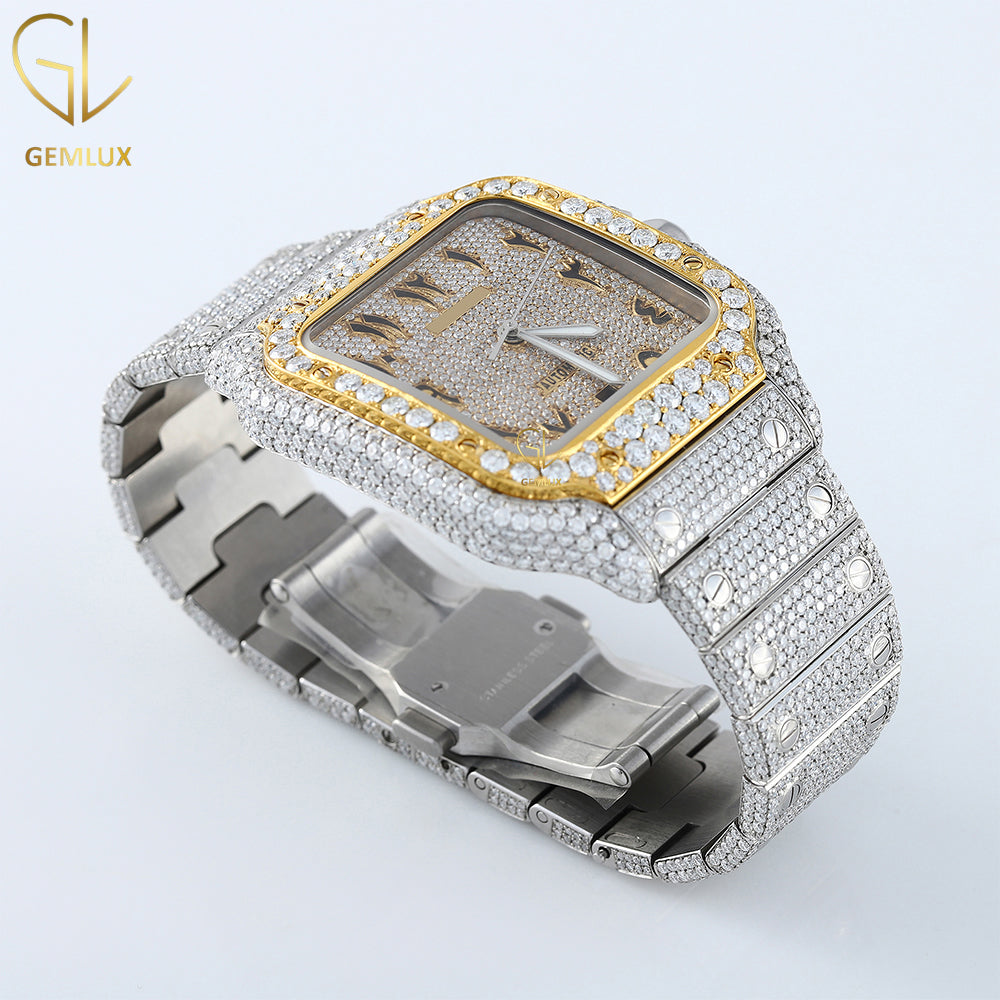 Iced Out VVS Moissanite Two Tone Arabic Dial Automatic Movement Wrist Watch