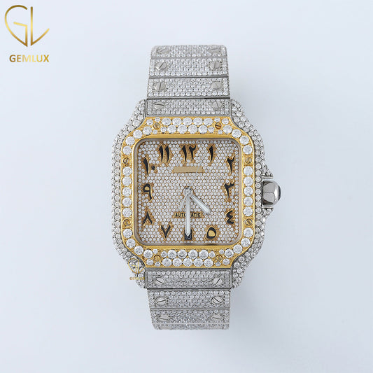 Iced Out VVS Moissanite Two Tone Arabic Dial Automatic Movement Wrist Watch