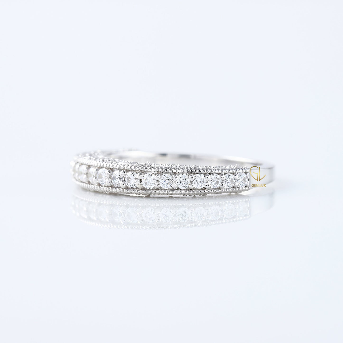 Art Deco Round Lab Grown Diamond Milgrain Wedding Band