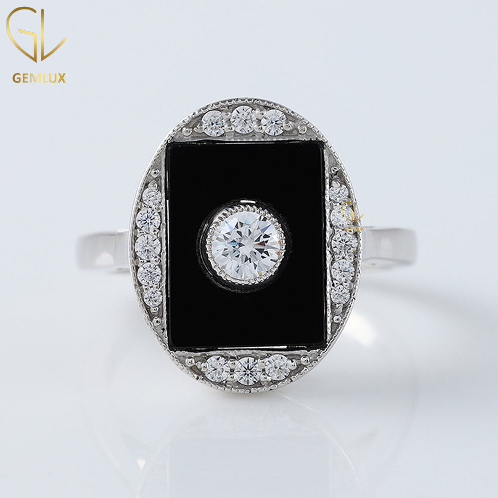 Black Onyx Art Deco Round Moissanite Bezel Set Engagement Ring