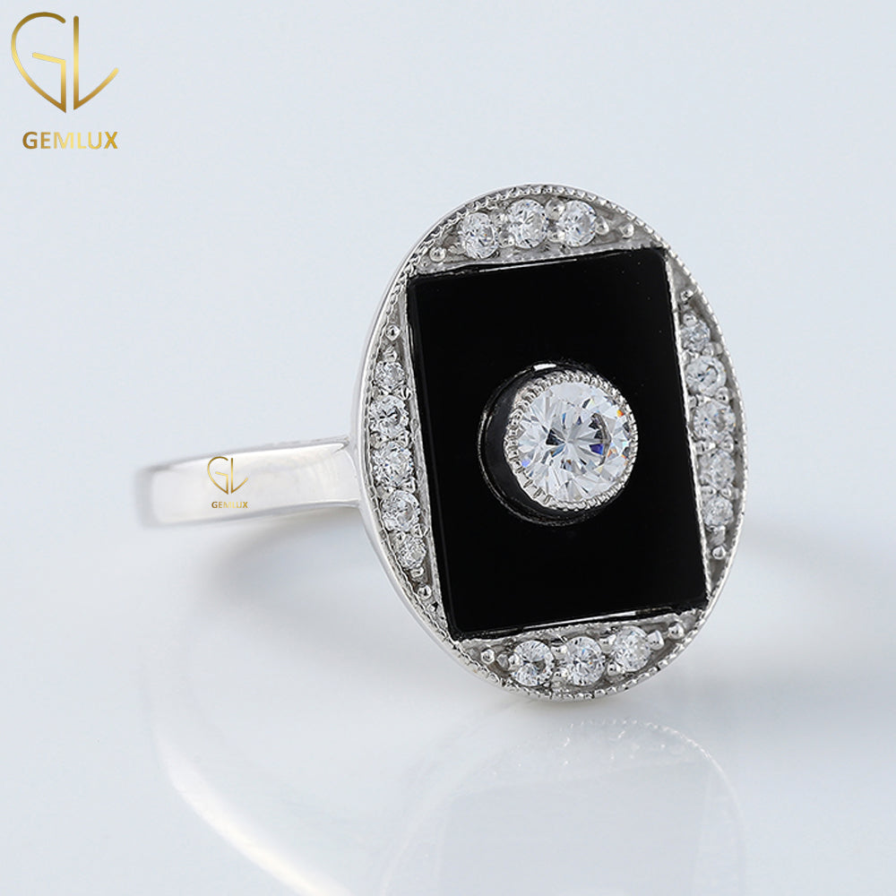 Black Onyx Art Deco Round Moissanite Bezel Set Engagement Ring