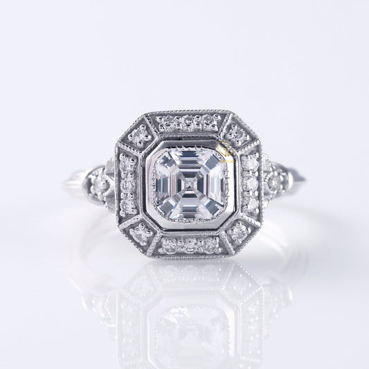 Art Deco Asscher Cut Moissanite Bezel Set Engagement Ring