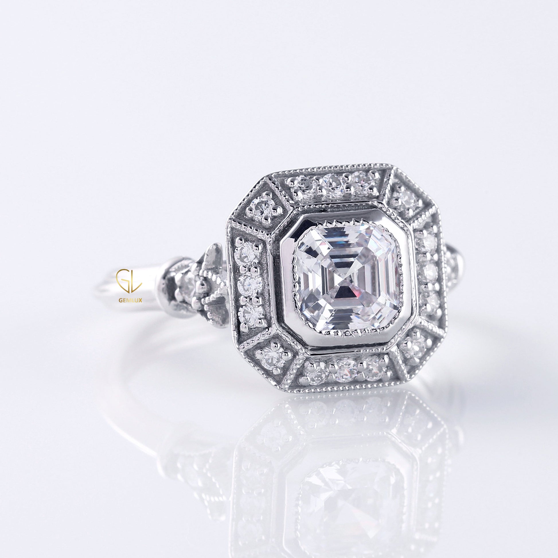 Art Deco Asscher Cut Moissanite Bezel Set Engagement Ring