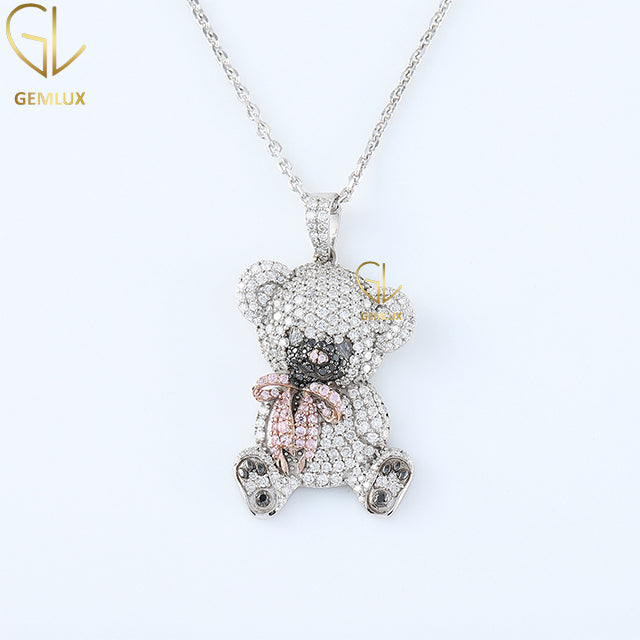 Cartoon Teddy Bear Bow Moissanite Diamond Pendant