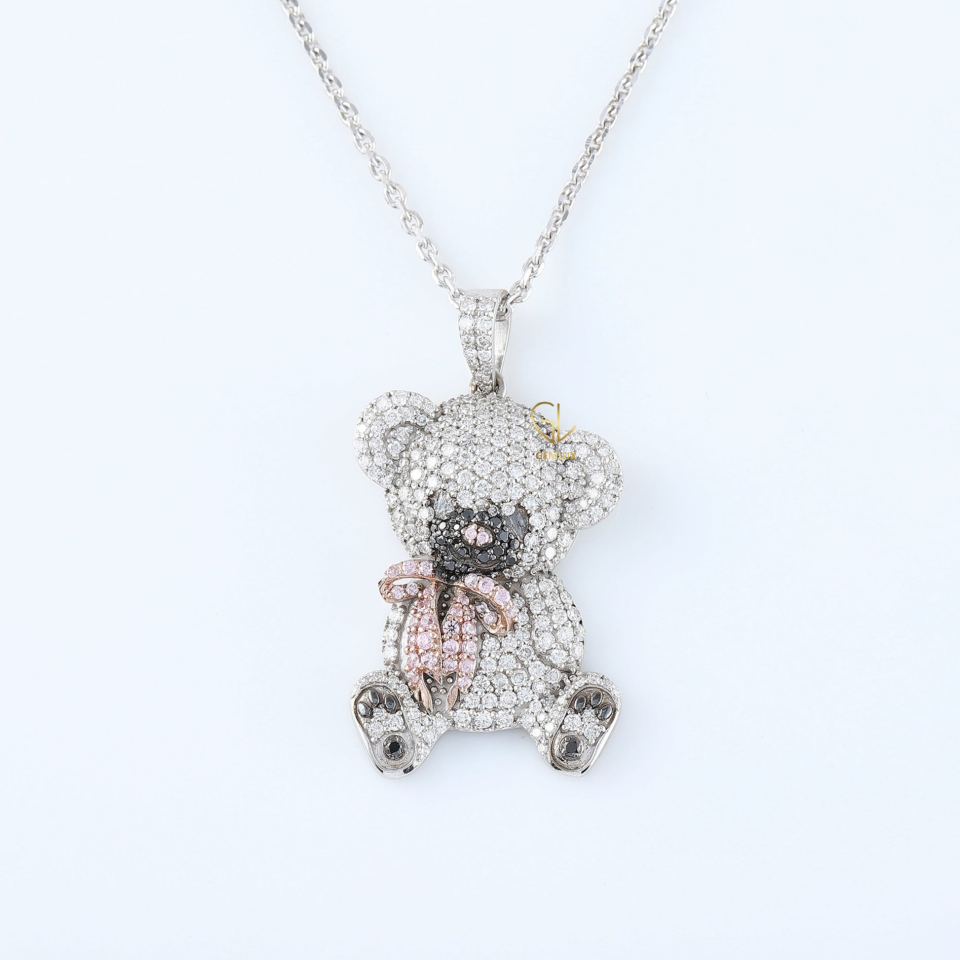 Cartoon Teddy Bear Bow Lab Grown Diamond Necklace Pendant