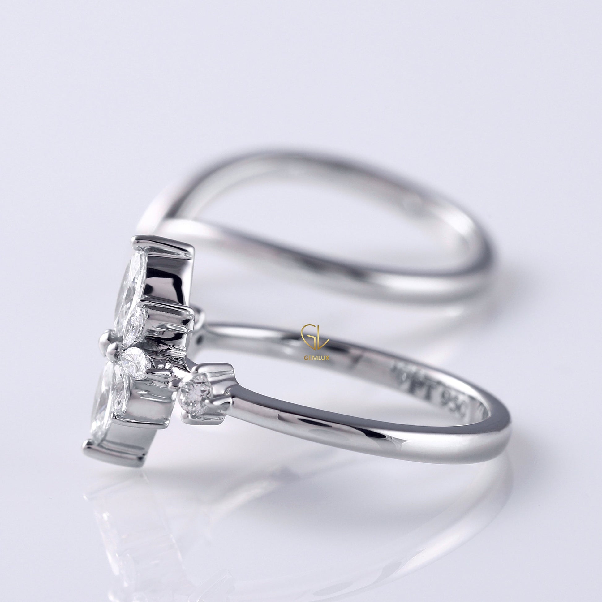 Bridal Ring Set, Marquise Cut Moissanite Ring With Curved Solitaire Matching Band