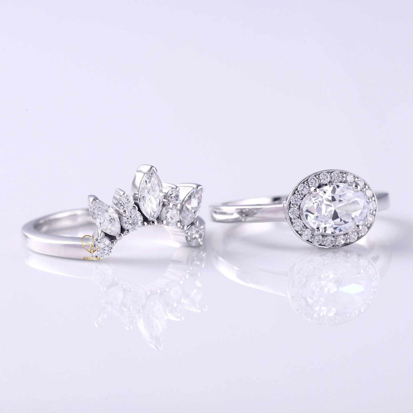 East To West Oval Moissanite Ring With Curved Matching Bridal Ring Set