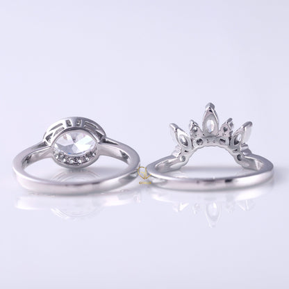 East To West Oval Moissanite Ring With Curved Matching Bridal Ring Set