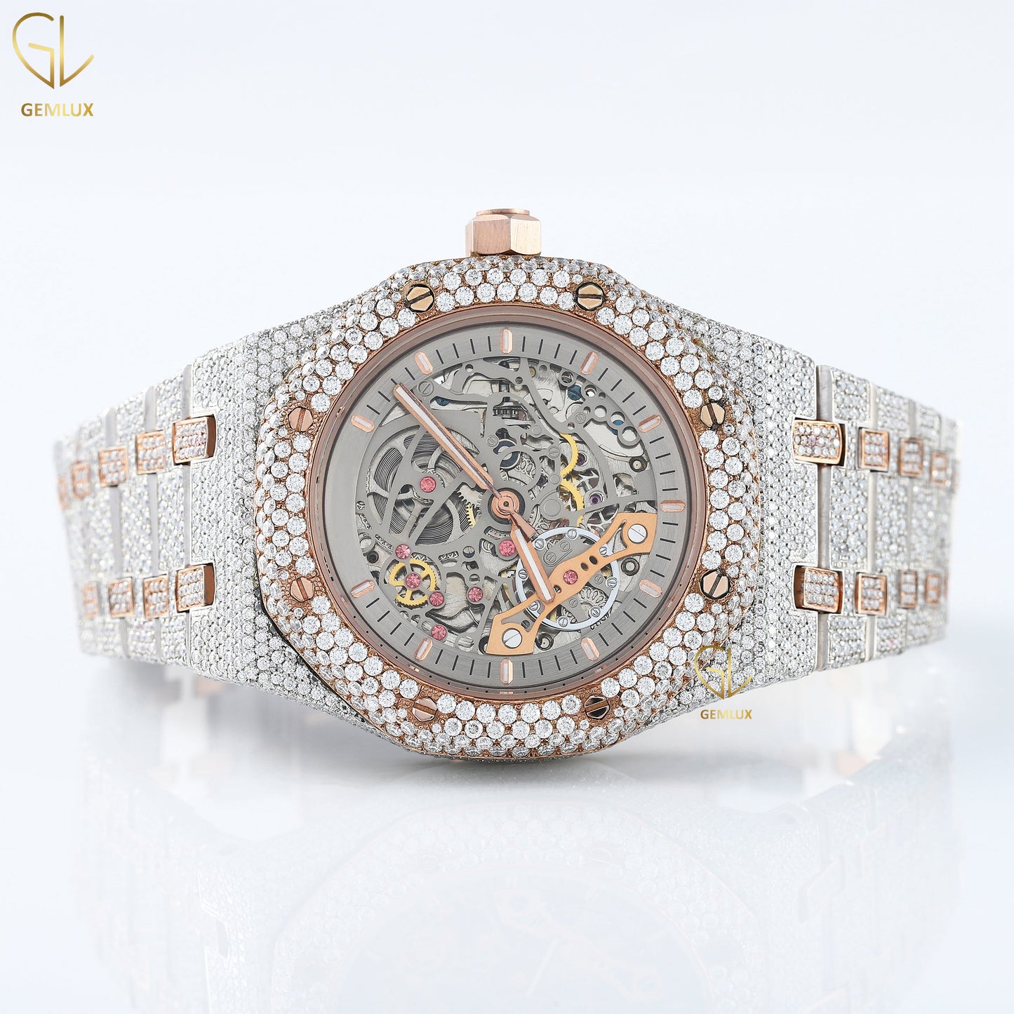 Skeleton Dial Rose Gold Stainless Steel VVS Moissanite Diamond Watch