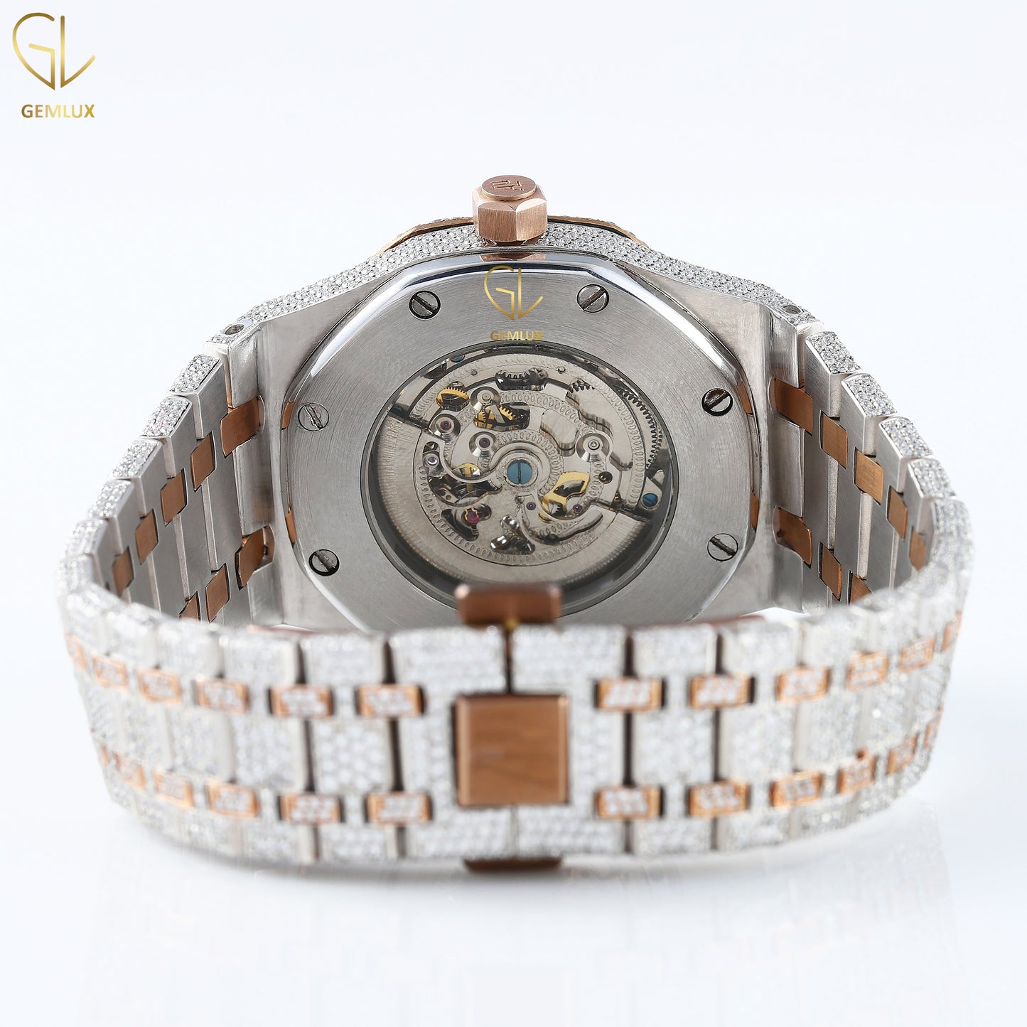 Skeleton Dial Rose Gold Stainless Steel VVS Moissanite Diamond Watch