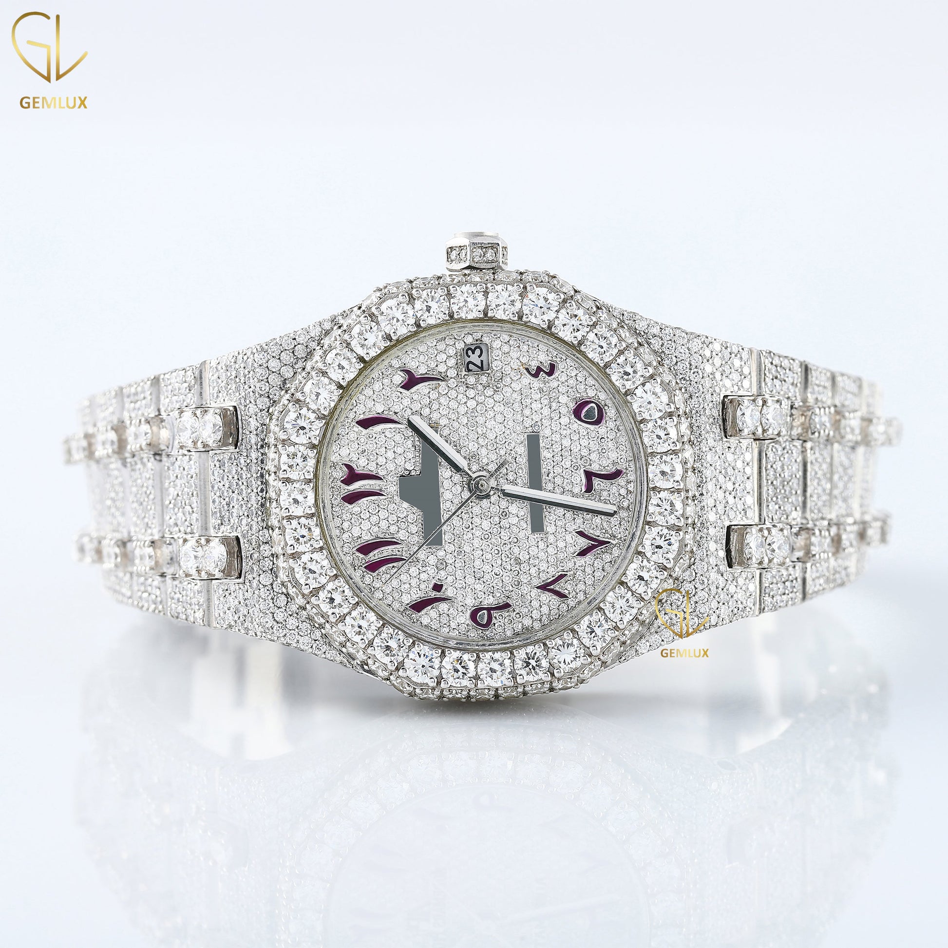 Arabic Number Dial Auto Date Iced Out Lab Grown Diamond Watch