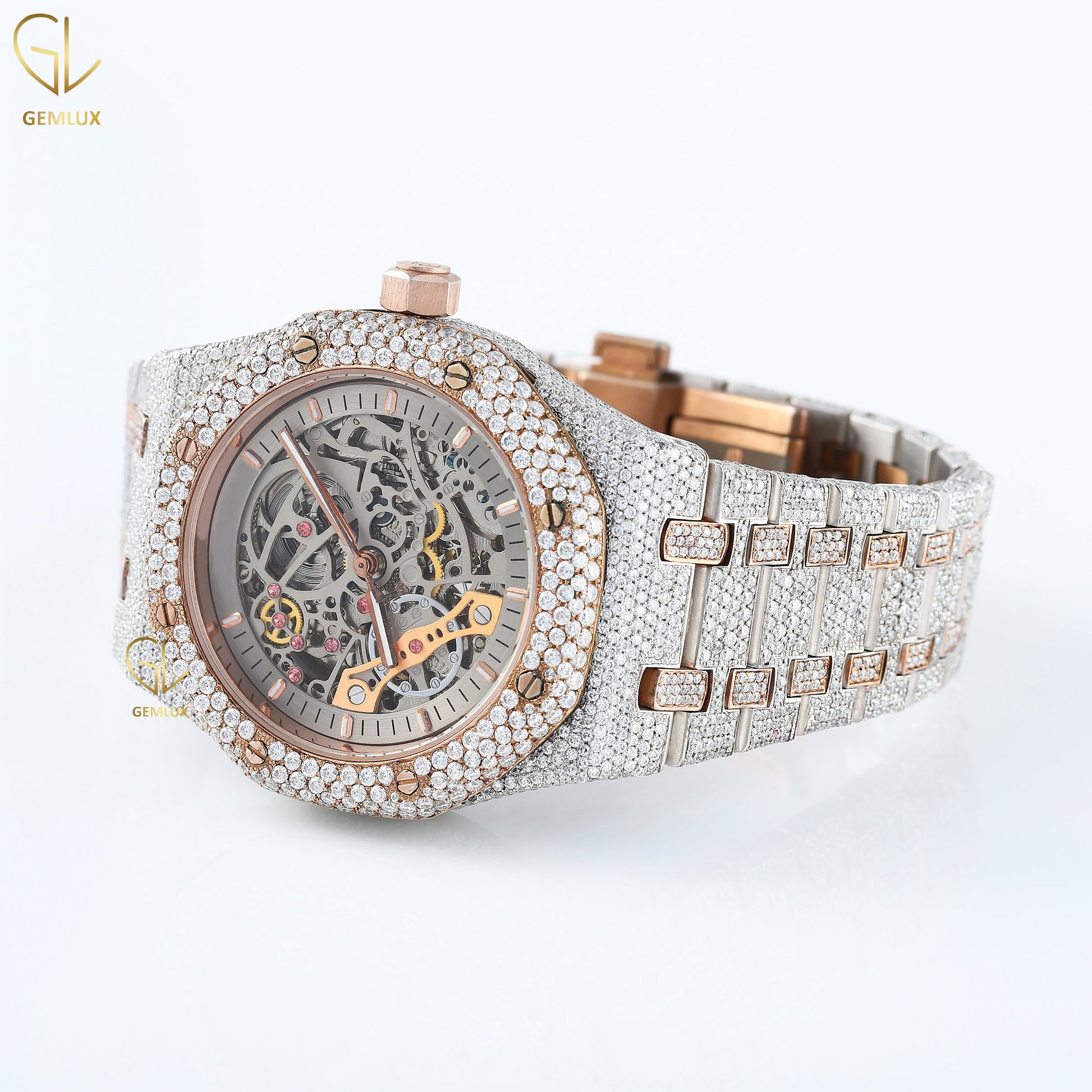 Skeleton Dial Rose Gold Stainless Steel VVS Moissanite Diamond Watch