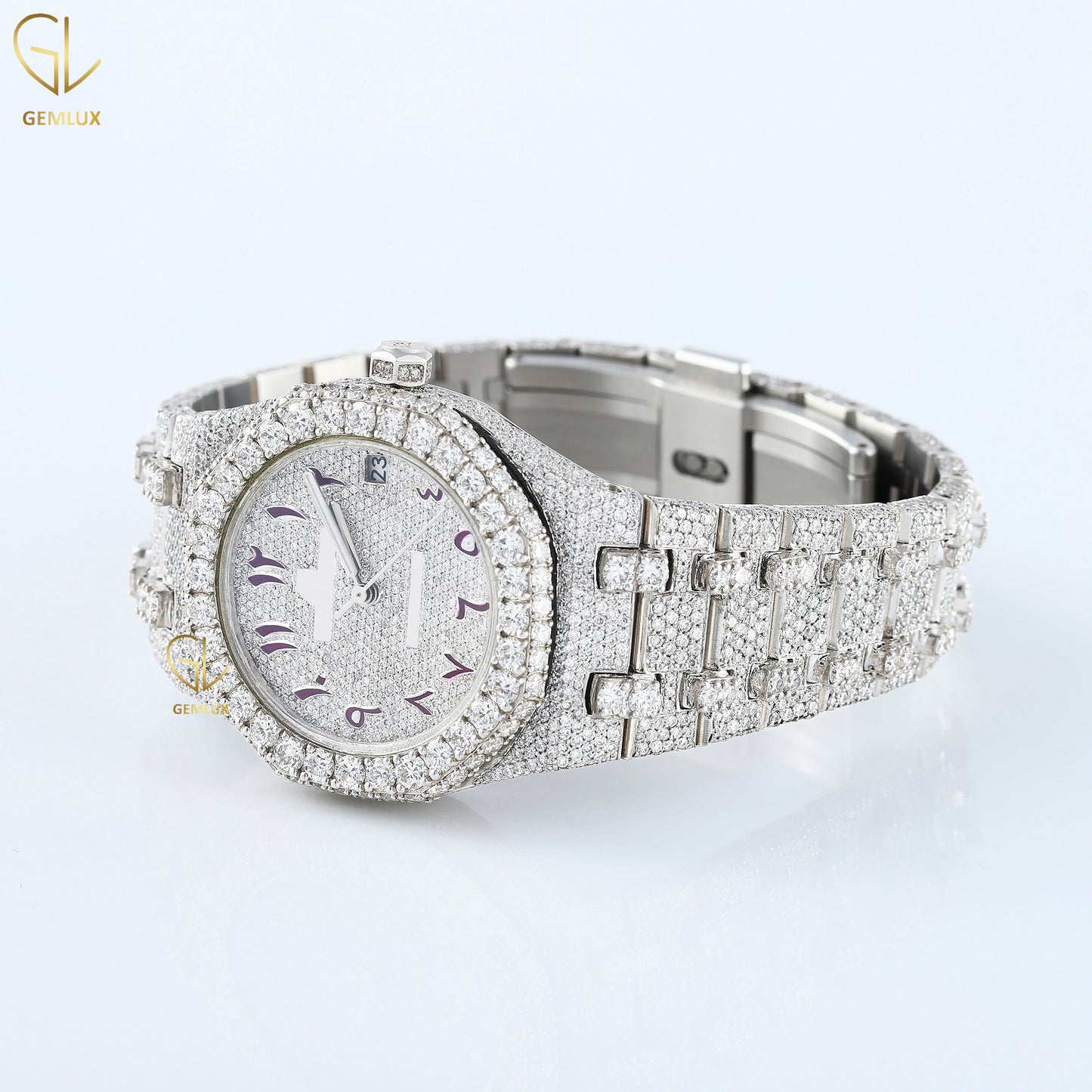 Arabic Number Dial Auto Date Iced Out Lab Grown Diamond Watch