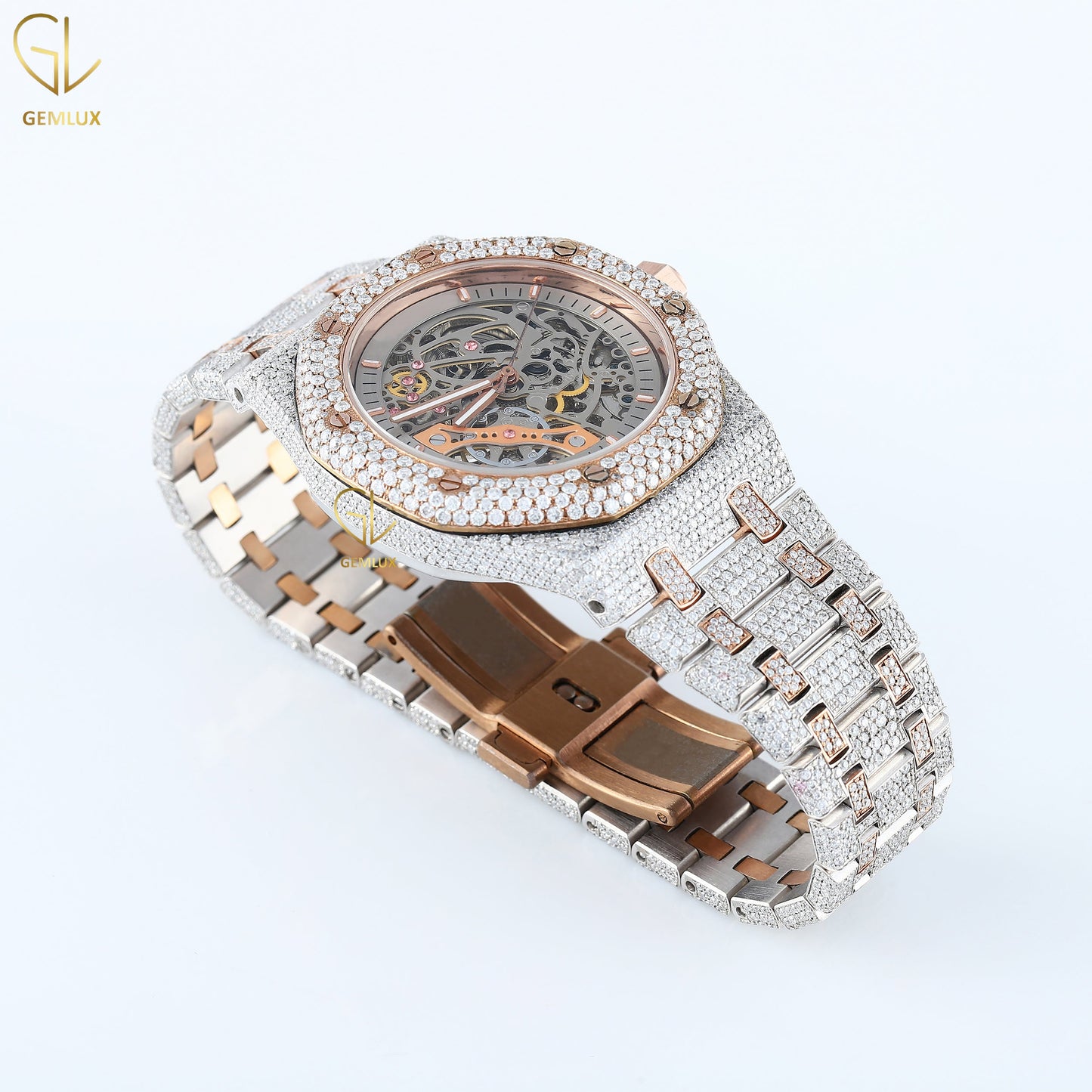 Skeleton Dial Rose Gold Stainless Steel VVS Moissanite Diamond Watch