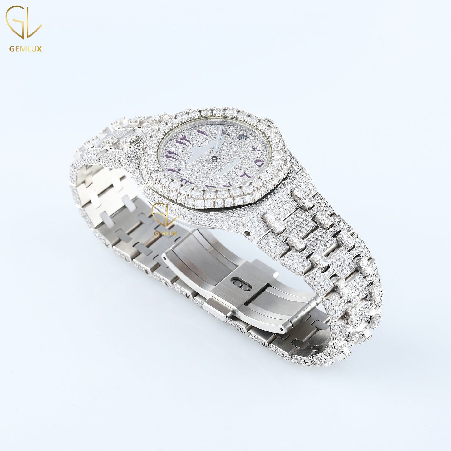 Arabic Number Dial Auto Date Iced Out Lab Grown Diamond Watch