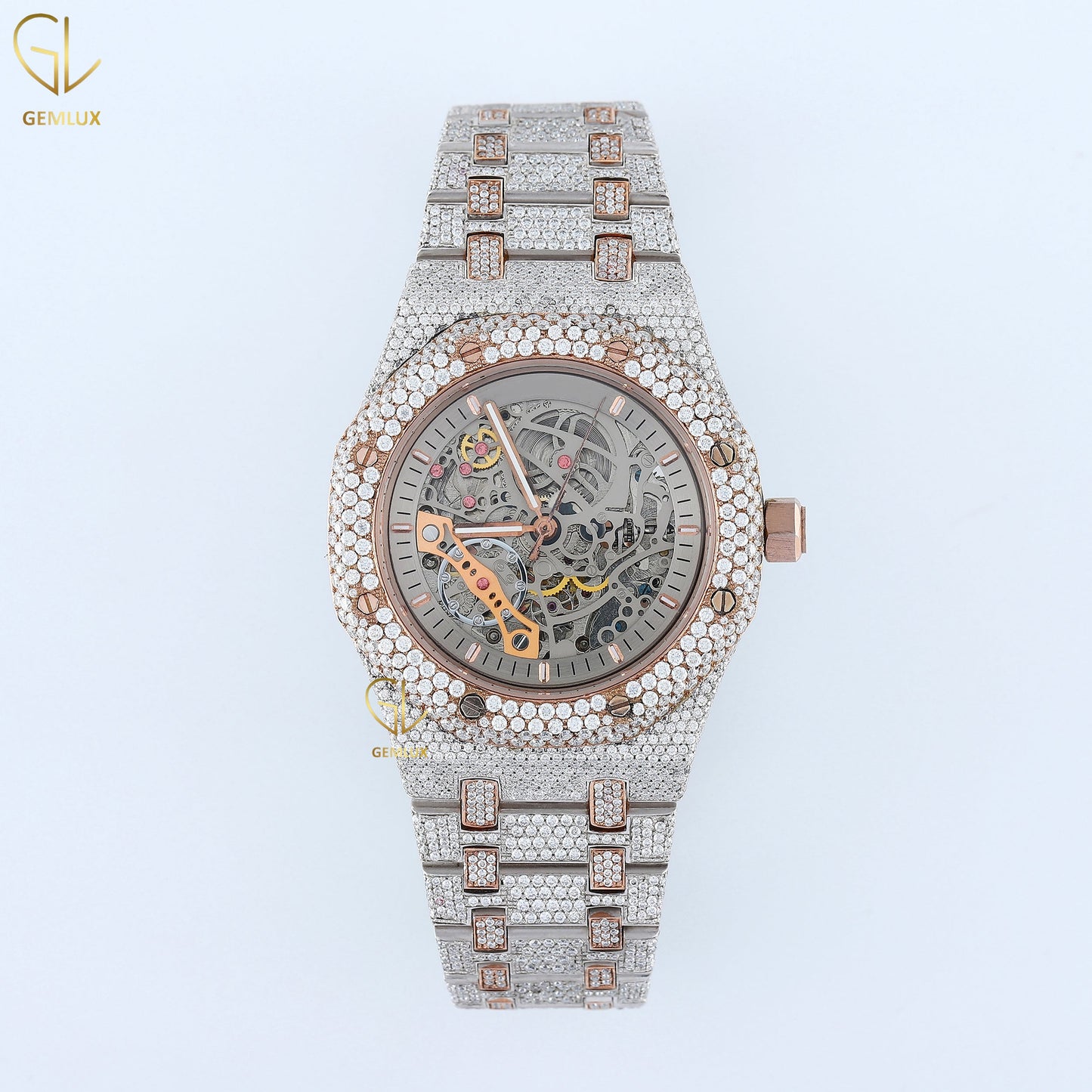 Skeleton Dial Rose Gold Stainless Steel VVS Moissanite Diamond Watch