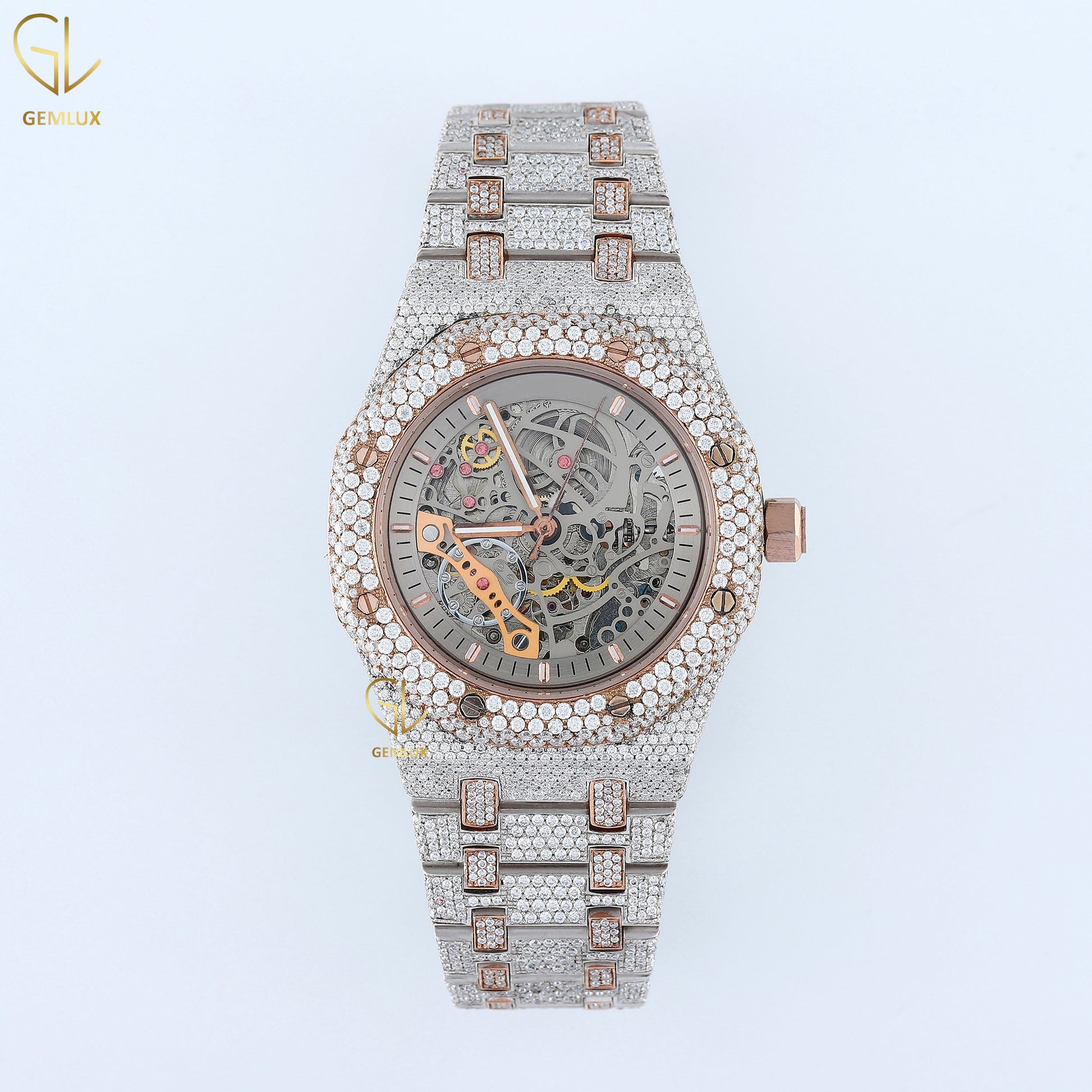 Skeleton Dial Rose Gold Stainless Steel VVS Moissanite Diamond Watch