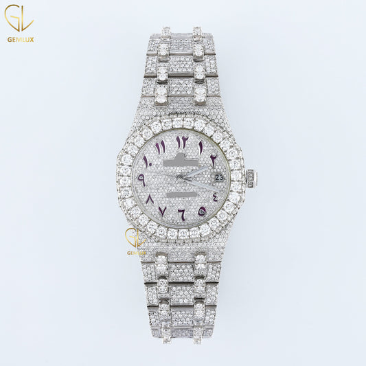 Arabic Number Dial Auto Date Iced Out Lab Grown Diamond Watch