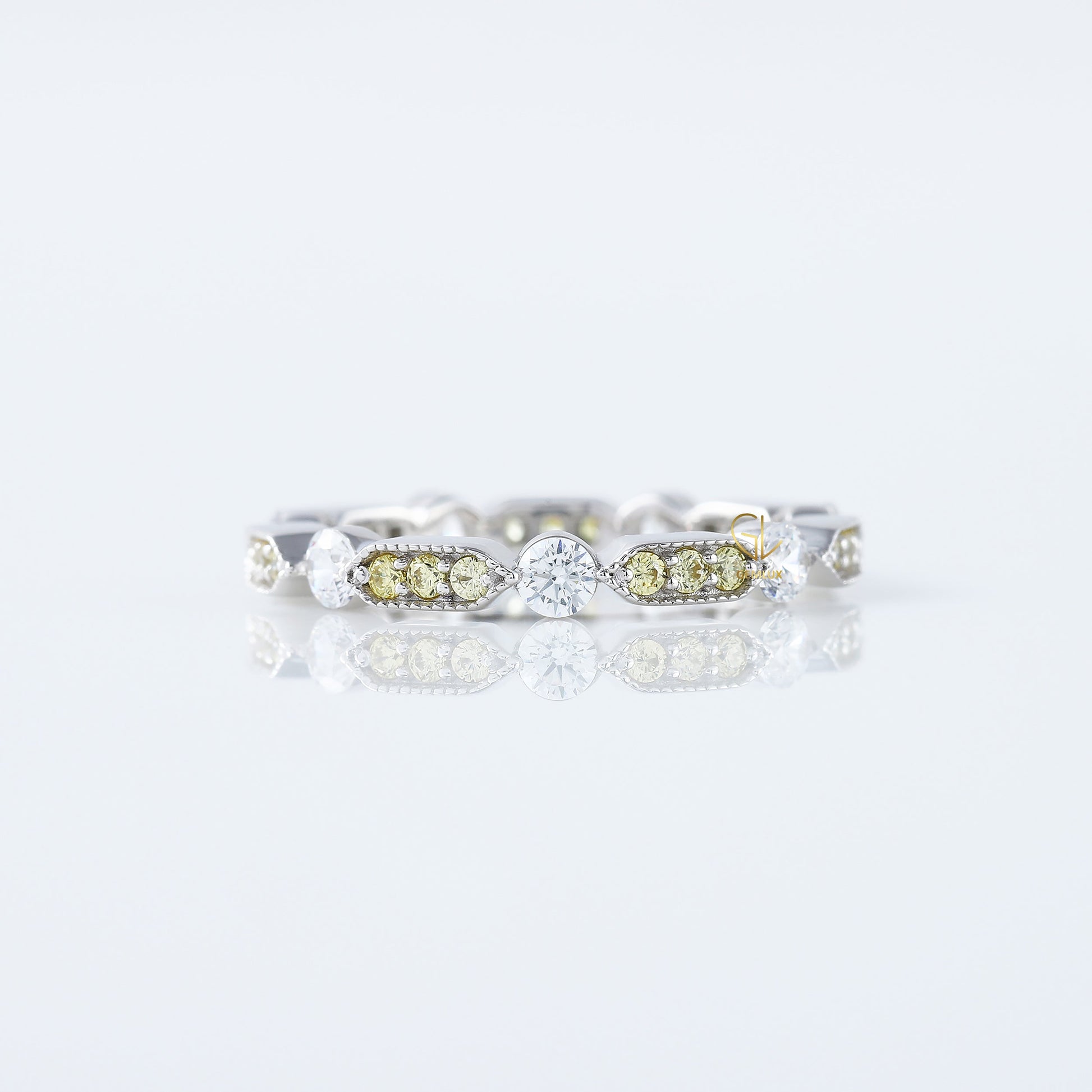 Art Deco Fancy Yellow Color Lab Grown Diamond Scalloped Eternity Wedding Band