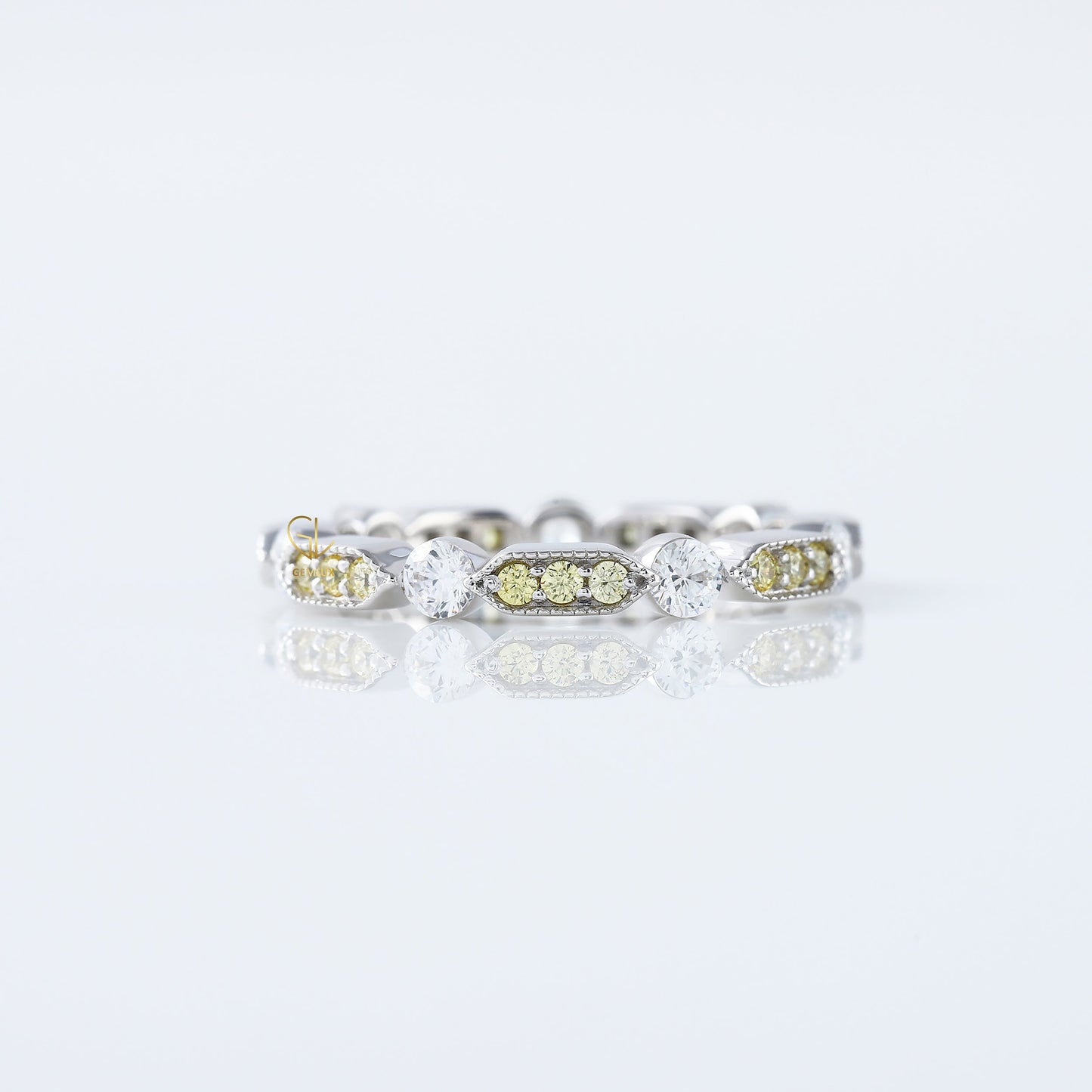 Art Deco Fancy Yellow Color Lab Grown Diamond Scalloped Eternity Wedding Band