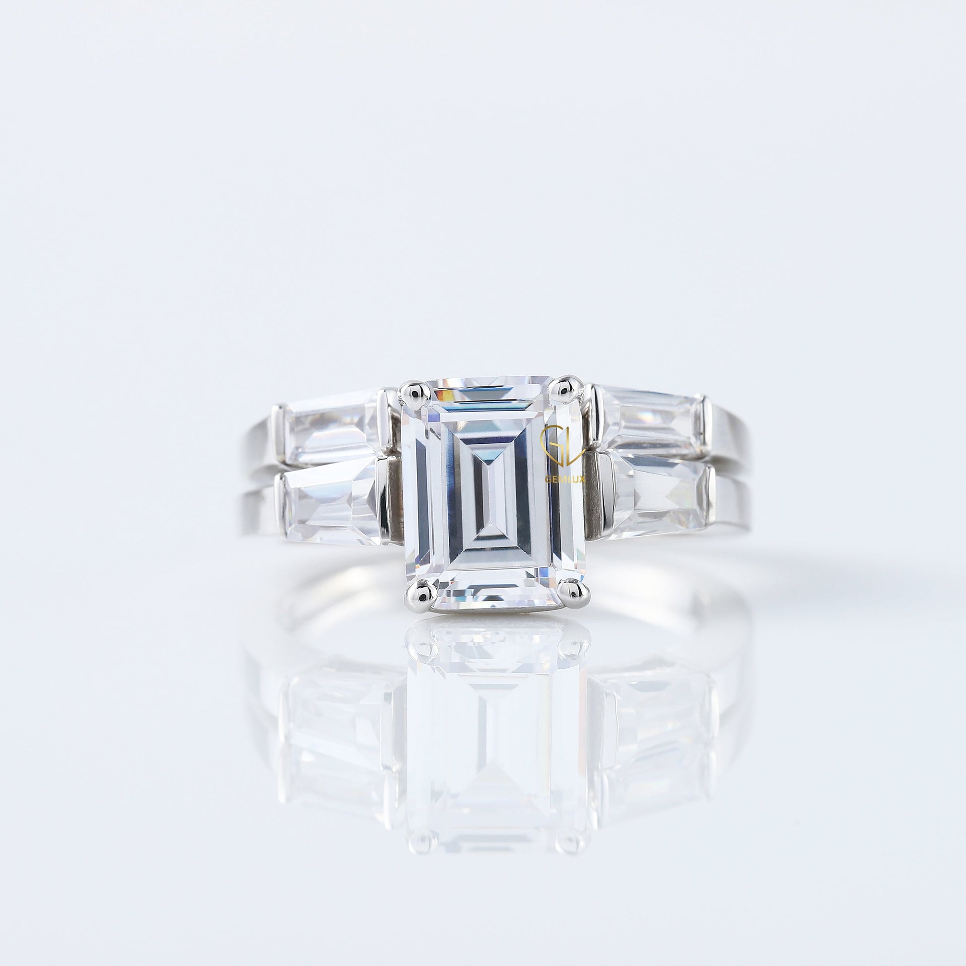 IGI Certified Emerald Cut Lab Grown Diamond Three Stone Engagement Ring With Matching Open Cuff Band