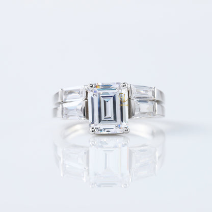 IGI Certified Emerald Cut Lab Grown Diamond Three Stone Engagement Ring With Matching Open Cuff Band