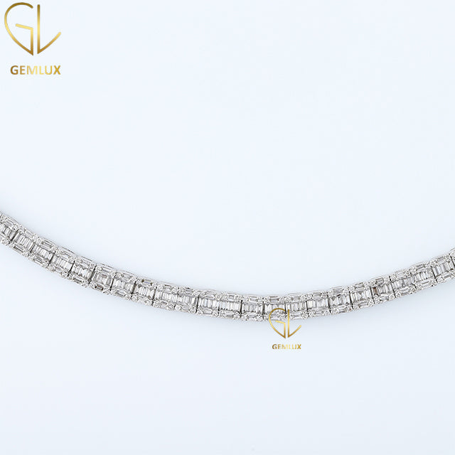 925 Silver Baguette Cut Moissanite Diamond Tennis Chain